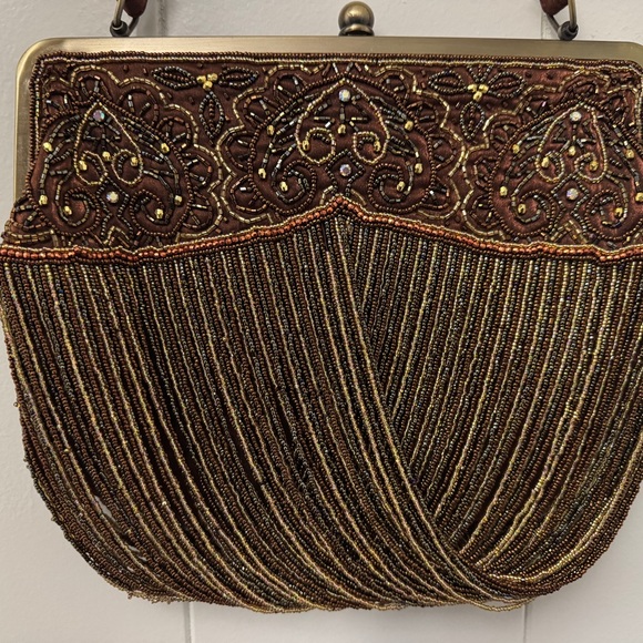Y2K Bronze Beaded Fringe Clutch Purse Brown Formal Evening Bag Sequin Embroidery - Picture 5 of 7